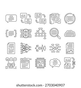processamento de linguagem natural ícones nlp definir vetor. nlp tokenização, análise semântica, sintaxe, incorporações transformadores, bert sentiment processamento de linguagem natural nlp ilustrações contorno preto