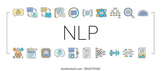 natural language processing nlp icons set vector. nlp tokenization, parsing semantics, syntax, embeddings transformers, bert sentiment natural language processing nlp color line illustrations