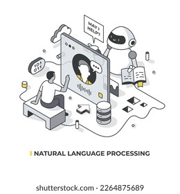 Natural language processing. Robot communicates with a man through a digital interface as if it is a human. Artificial intelligence concept. Isometric vector illustration with isolated objects