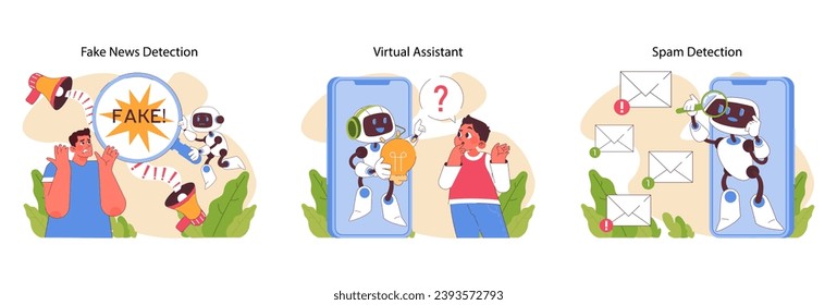 Natural language processing set. AI tools combating misinformation, aiding communication, and filtering content. Interactive and instructive digital support. Flat vector illustration