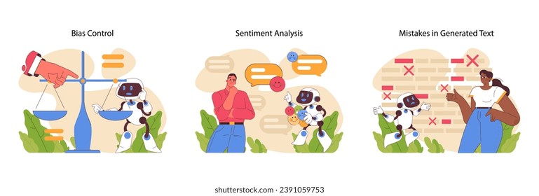 Natural language processing set. Ensuring fairness in AI, dissecting sentiment, and correcting generated text errors. Machine learning and replicating human speech features. Flat vector illustration