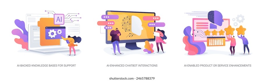 Natural language technology in Customer Service abstract concept vector illustration set. AI-Backed Knowledge Base for Support, Chatbot Interaction, Product or Service Enhancement abstract metaphor.