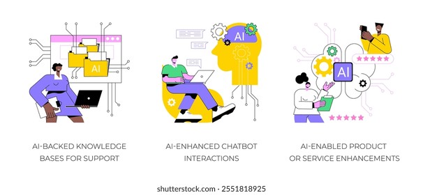 Natural language technology in Customer Service abstract concept vector illustration set. AI-Backed Knowledge Base for Support, Chatbot Interaction, Product or Service Enhancement abstract metaphor.