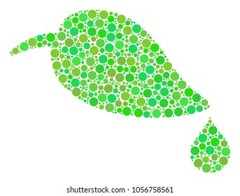 Natural Leaf With Drop collage of dots in various sizes and green color hues. Vector dots are composed into natural leaf with drop illustration. Eco vector illustration.