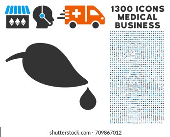 Natural Leaf With Drop gray vector icon with 1300 medical commercial icons. Set style is flat bicolor light blue and gray pictograms.