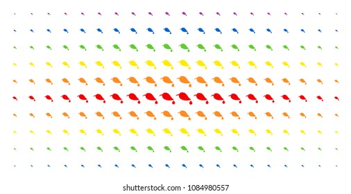 Natural leaf with drop icon spectral halftone pattern. Vector natural leaf with drop shapes are organized into halftone array with vertical spectrum gradient. Constructed for backgrounds, covers,