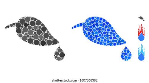 Natural leaf with drop mosaic of filled circles in variable sizes and color tinges, based on natural leaf with drop icon. Vector random circles are composed into blue mosaic.