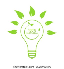 Natural leaf icon. 100% natural vector image. Bio light bulb. illustration