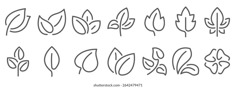 natural leaf line icons leaves plants eco green fertilizer outline pictograms
