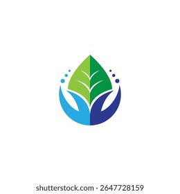 natural leaf logo with hand icon in water drop shape flat vector design style