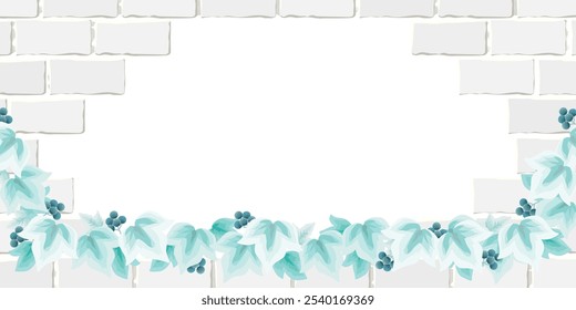 Natural leaf and white brick background illustration ( vector frame decoration banner background material copy space text space margin white space )