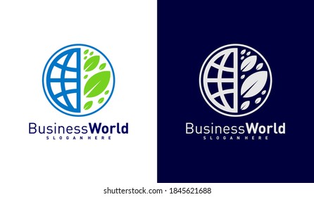 Vector de diseño de la hoja natural y del logotipo mundial, plantilla de diseño del logotipo del mundo colorido, símbolo del icono