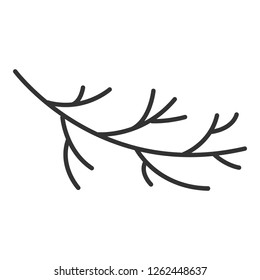 Natural leafless bare branch. Isolated minimalistic vector object of winter plant. Simple and elegant icon with black thin lines and white background.