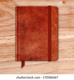 Natural Leather Notebook On A Wooden Desk. Copybook With Band And Bookmark. Vector