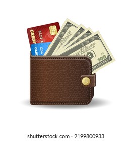 Natural leather wallet with cash and credit card. Vector illustration.