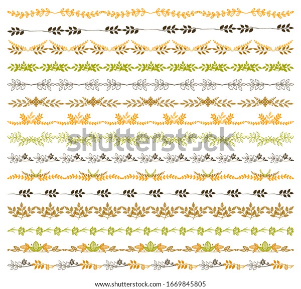 Natural leaves borders, dividers and\
brushes, graphic line set, hand drawn vector\
illustration