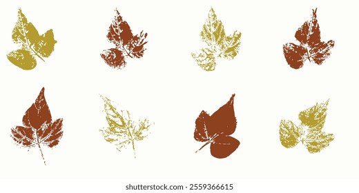 Natural leaves imprints, Grange style, Vector, Isolated, Decorative elements for design.