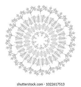 Natural leaves mandala in the style of doodle drawn by hand are arranged in a circle. Template for coloring.