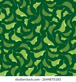 Natural leaves seamless pattern with hand drawn Botanical elements like Green tea, basil, mint, apple or lilac bush foliage, eco abstract leaf texture on dark background for fabric design, packaging