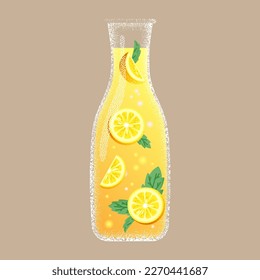 Natural lemon juice, bottle of lemonade. High glass jug with yellow drink, lemon slices and orange beverage, mint leaves. Gradient and textures in modern style. Vector cartoon illustration