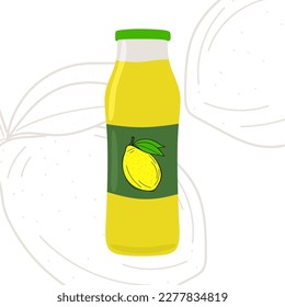 Natural lemon juice in glass bottle. Lemon juice isolated on white background. Lime or lemon fruit drink in bottle. Flat style vector illustration