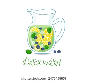 Natural lemonade in a glass jug, healthy drink. Cold detox water with fruit, berries, mint and ice. Healthy lifestyle.  Summer refreshing drink. Vector illustration. 