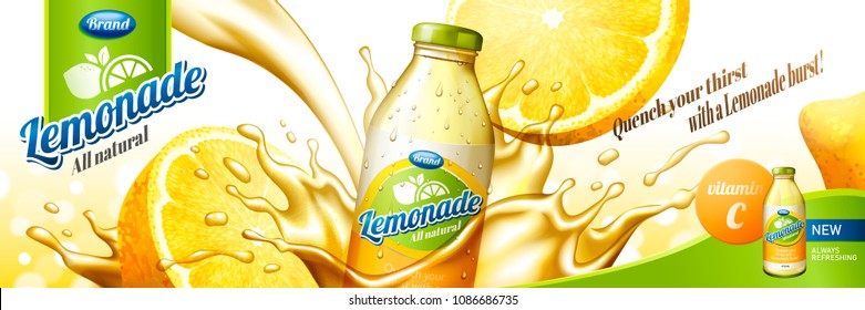 Natural lemonade juice with splashing liquid and sliced fruit in 3d illustration, glass bottle container