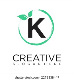 Natural Letter K Brush stroke logo design vector template. Leaf icon