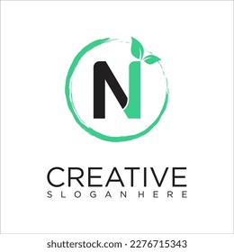 Natural Letter N Brush logo design vector template. Leaf icon