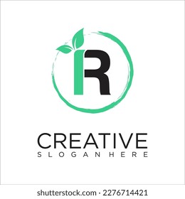 Natural Letter R Brush logo design vector template. Leaf icon