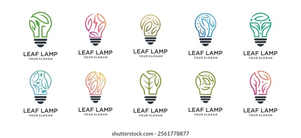 Natural light bulb logo design collection. Leaf light logo template. Natural energy logo symbol icon