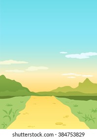 Natural light vector landscape with the wide road leaving to horizon. Some mountains and clouds are far off.
