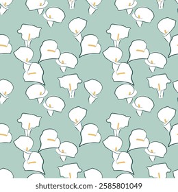 Natural lily Flower the Elegance of Arum Lily in line drawing, seamless vector hand drawn calla lilies, fabric, textile. 