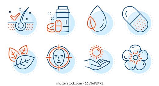 Natural linen, Face detect and Organic tested signs. Sun protection, Medical drugs and Anti-dandruff flakes line icons set. Leaf dew, Capsule pill symbols. Ultraviolet care, Medicine bottle. Vector