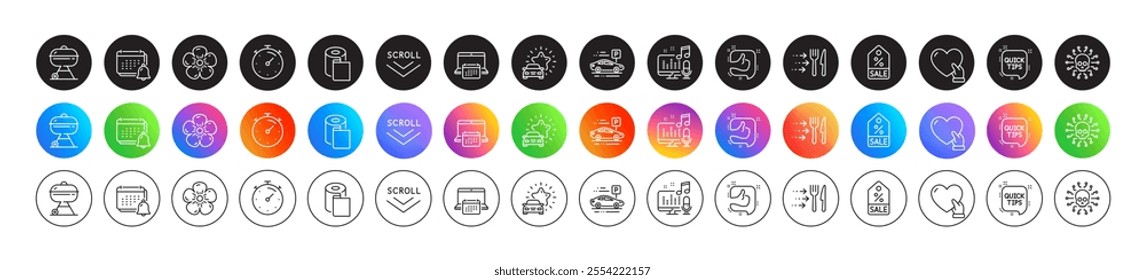 Natural linen, Like and Scroll down line icons. Round icon gradient buttons. Pack of Calendar, Quick tips, Timer icon. Cyber attack, Car parking, Food delivery pictogram. Vector