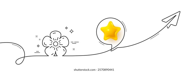 Natural linen line icon. Continuous line with share plane. Organic tested sign. Fair trade symbol. 3d star in speech bubble. Natural linen single line ribbon. Loop curve pattern. Vector