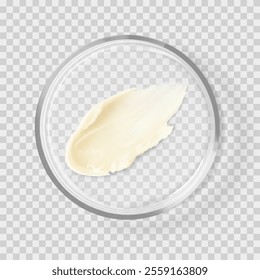 Natural lip balm skincare textured smear beauty product on petri dish isolated realistic vector illustration. Concept cosmetic laboratory tests and research