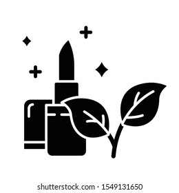 Natural lipstick glyph icon. Visage beauty aid item. Lip makeup product. Natural ingridients. Chemical, paraben free. Organic cosmetics. Silhouette symbol. Negative space. Vector isolated illustration