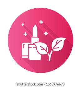 Natural lipstick pink flat design long shadow glyph icon. Visage beauty aid item. Lip makeup product. Natural ingridients. Chemical, paraben free. Organic cosmetics. Vector silhouette illustration
