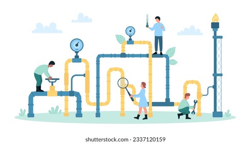 Natural liquefied gas pipeline inspection vector illustration. Cartoon tiny people control pipes system for connection and leaks, engineers of maintenance and repair service work with equipment