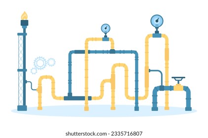 Natural liquefied gas pipeline vector illustration. Cartoon steel pipes with wheel valves, pressure meters for control gas flow and leaks and torch tower, infographic construction of energy system