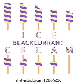 Natural logo for blackcurrant ice cream sorbet in different forms. Blackcurrant consisting of sweet cold ice cream sorbet, tasty frozen dessert. Fresh taste fruit ice cream sorbet of blackcurrant.