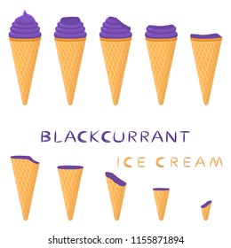 Natural logo blackcurrant ice cream sorbet in different forms. Blackcurrant pattern consisting of sweet cold ice cream sorbet, tasty frozen dessert. Fresh taste fruit ice cream sorbet of blackcurrant.