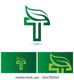 Natural logo design vector template. Green T letter logo with leaf icon and symbol