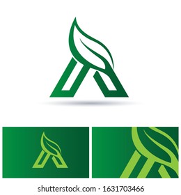 Natural logo design vector template. Green A letter logo with leaf icon and symbol.