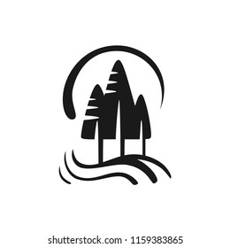 Natural logo isolated vector. Stylized three pines in a clearing logo. Summer nature sign. Silhouette of three trees icon.