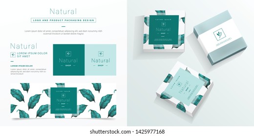 Natural logo and packaging design template. Natural soap package mockup created by vector. Watercolor green leaf pattern for branding and corporate identity design.