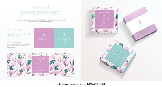 Natural Logo And Packaging Design Template. Natural Soap Package Mockup Created By Vector. Watercolor Floral Pattern For Branding And Corporate Identity Design.