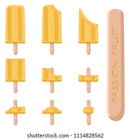 Natural logo passion fruit ice cream sorbet in different forms. Passion fruit pattern consisting of sweet cold ice cream sorbet, tasty frozen dessert. Fresh taste ice cream sorbet from passion fruit.