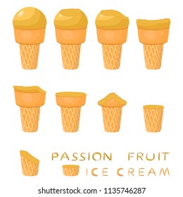 Natural logo passion fruit ice cream sorbet in different forms. Passion fruit pattern consisting of sweet cold ice cream sorbet, tasty frozen dessert. Fresh taste ice cream sorbet from passion fruit.
